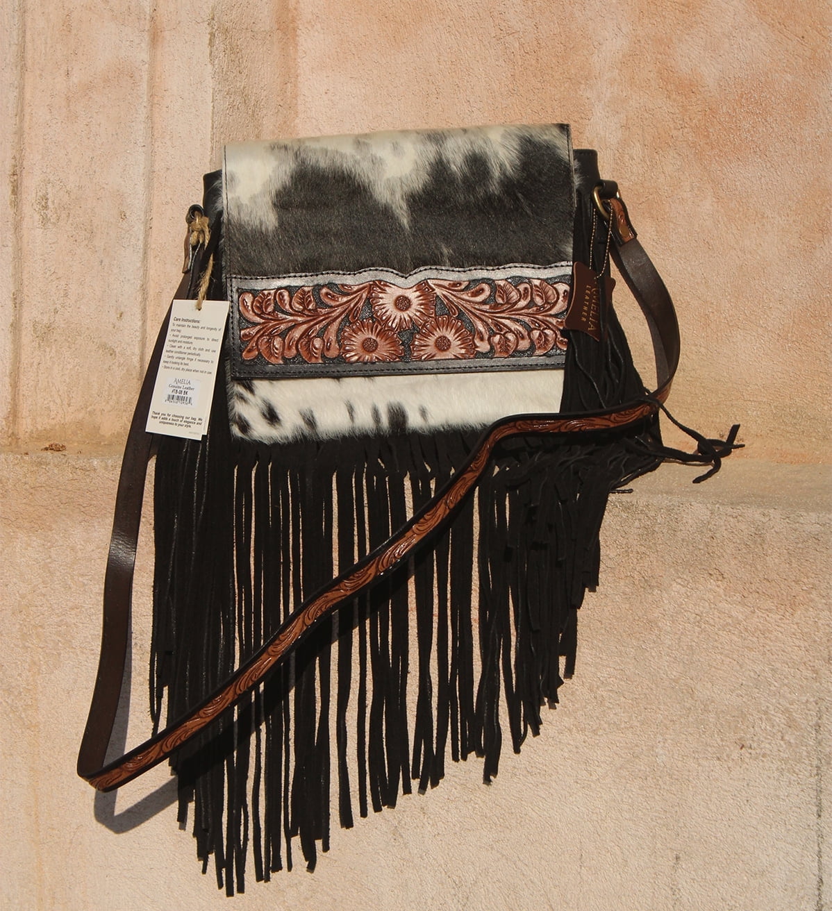 Fringe Purse Western Purses for Women Crossbody Bag | Leather Hand-Tooled Western Bag (Black)