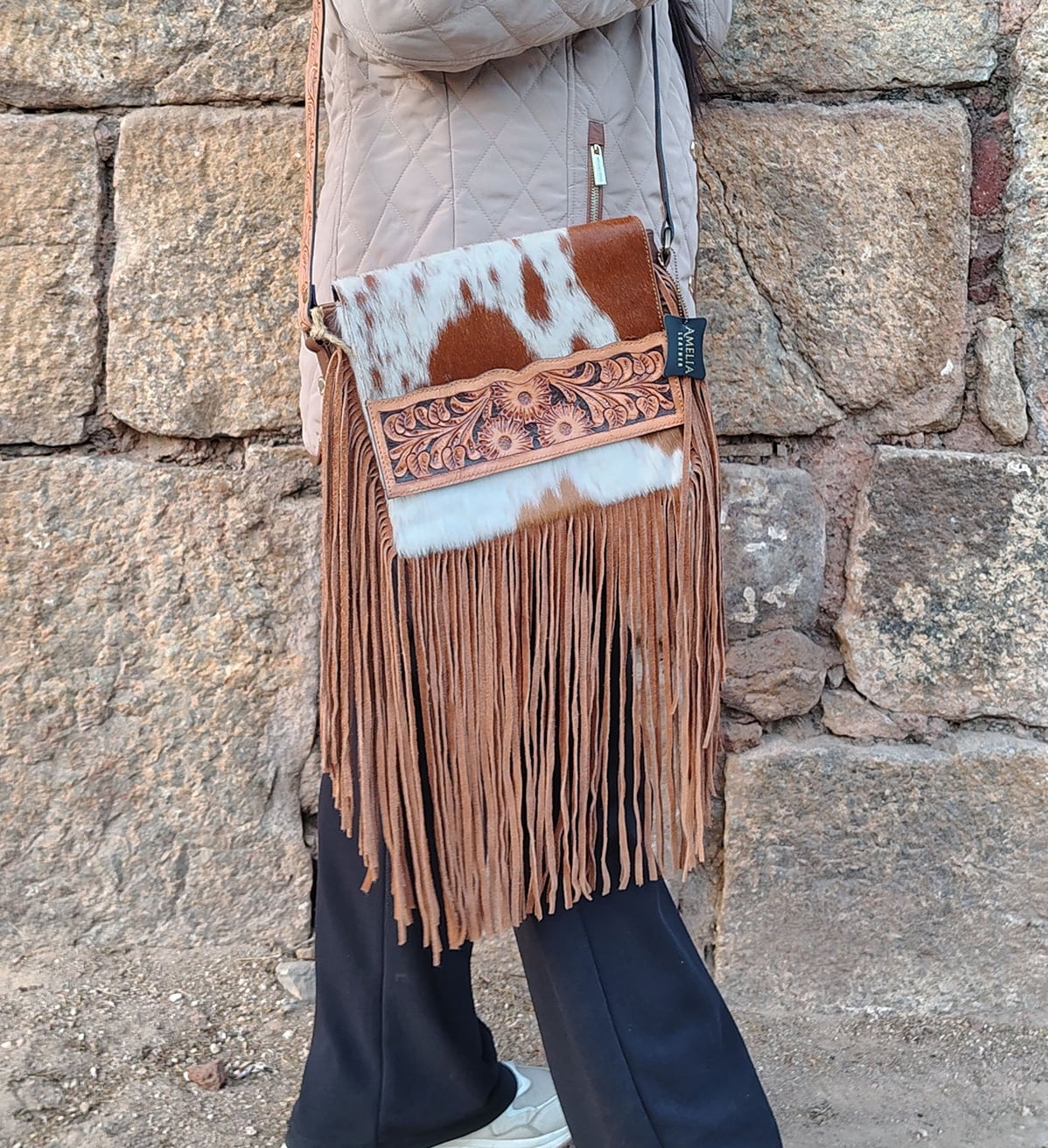 Fringe Purse Western Purses for Women Crossbody Bag | Leather Hand-Tooled Western Bag (Tan)