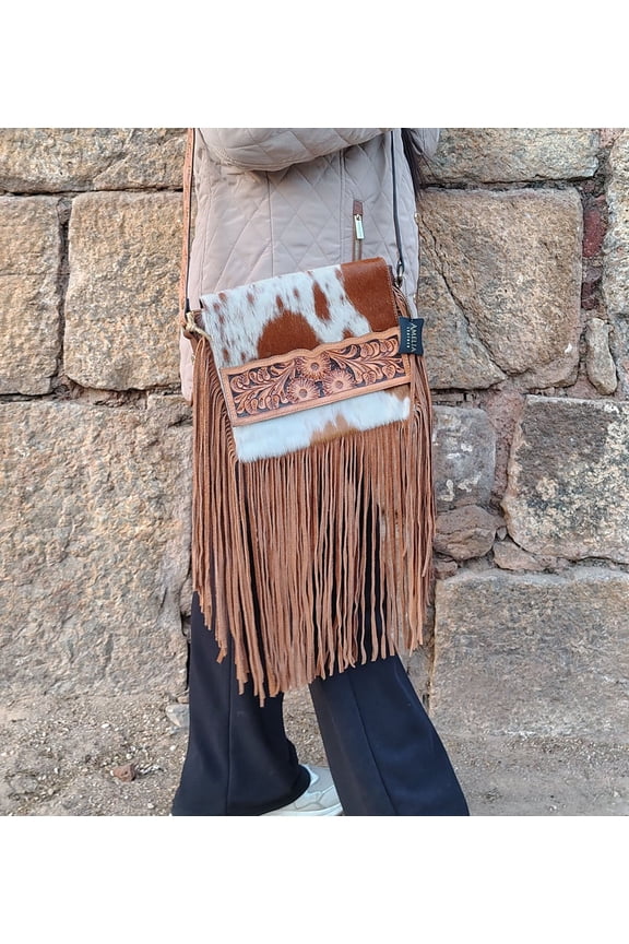 Fringe Purse Western Purses for Women Crossbody Bag | Leather Hand-Tooled Western Bag (Tan)