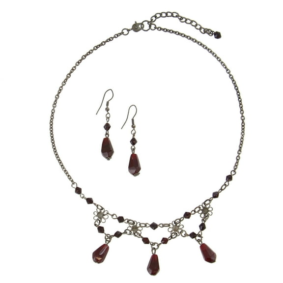 Fringe Red Faux Crystal Charm Bib Necklace Pierced Earrings Dangle Jewelry Set Ladies Adult Female Women