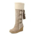 thumbnail image 1 of Fringe Snow Boots for Women Winter Faux Fur Suede Round Toe Warm Chunky Cowgirl Knee High Booties Outdoor Mid Calf Riding Boot, 1 of 6