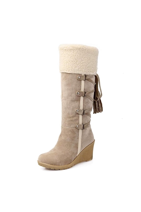 Fringe Snow Boots for Women Winter Faux Fur Suede Round Toe Warm Chunky Cowgirl Knee High Booties Outdoor Mid Calf Riding Boot