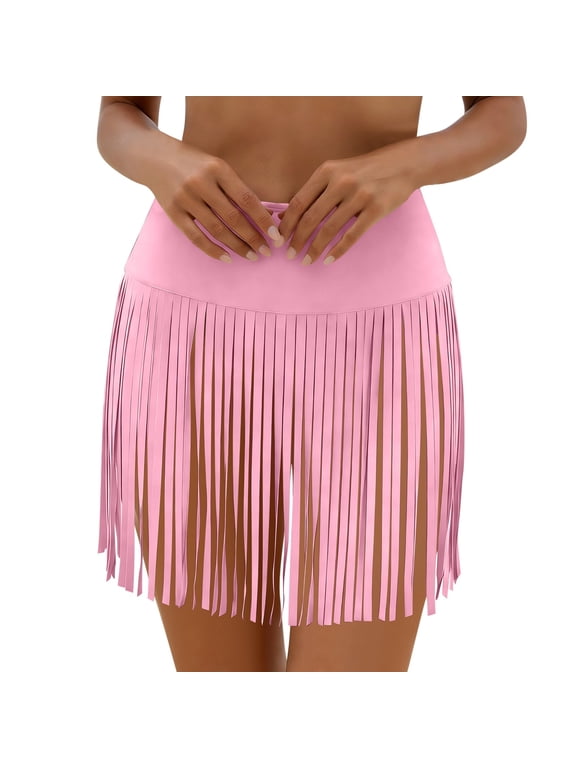 Fringe Swim Skirt for Women Solid Color Lightweight Beachwear Skirts Tassel Bottom for Dance Vacation Wear M
