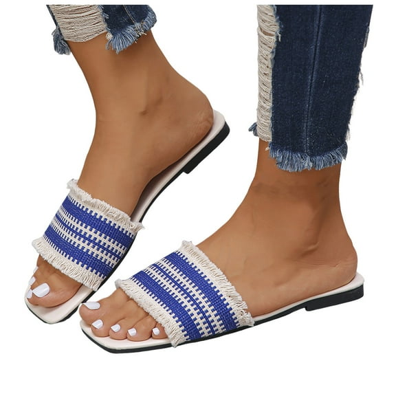 Fringe Tassel Flats Beach Sandals for Women 2025 Summer Bohemia Woven Square Toe Slip on Dress Sandals
