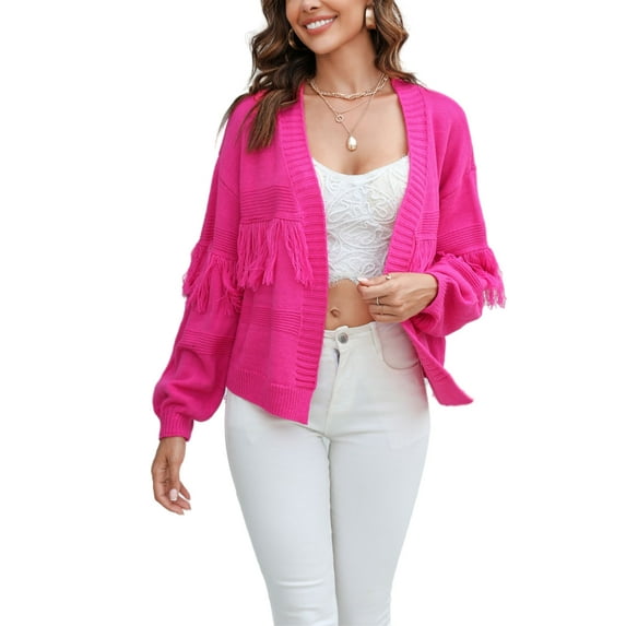 Fringe Tassel Open Front Sweater Cardi Long Sleeve Drop Shoulder Fuchsia Small