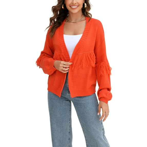 Fringe Tassel Open Front Sweater Cardi Long Sleeve Drop Shoulder Orange X-Large