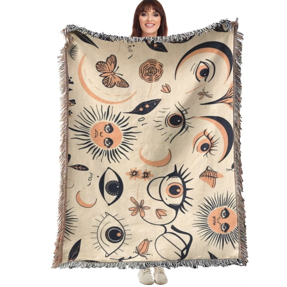 Fringe Throw Blanket Bohemian Celestial Sun Moon Eye & Butterfly Print, 3 Sizes 37x52 50×60 60×80 Inch Soft Woven Blanket for Living Room Bedroom Camping