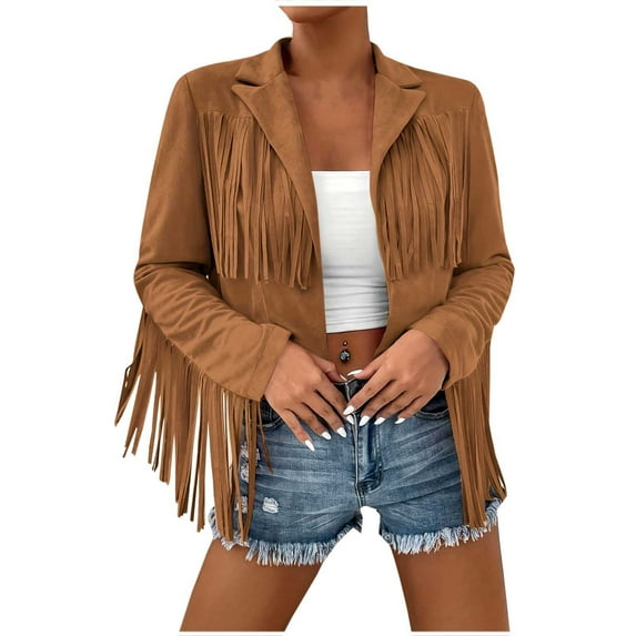 Fringe Tops for Women Cropped Solid Jackets Trendy Long Sleeved Fall Tassel Outwear Coffee M