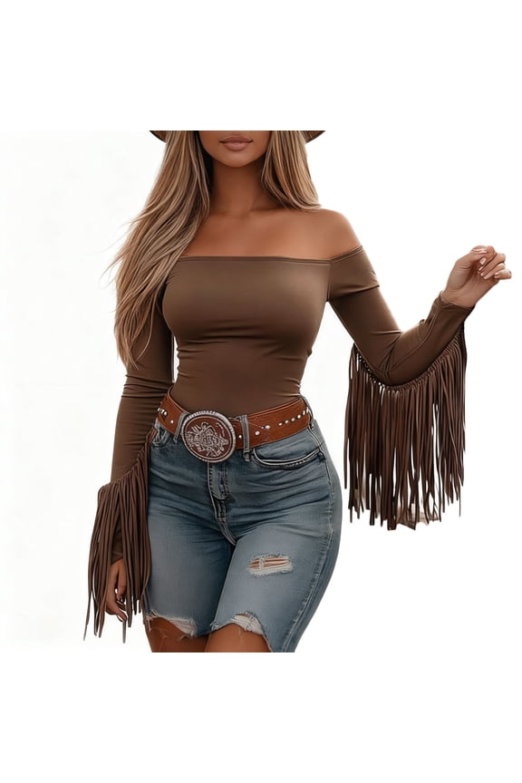 Fringe Tops for Women Retro Western Cowgirl Off The Shoulder Fitted Long Sleeve with Tassels Stretchy Y2K Crop Shirts Blouses