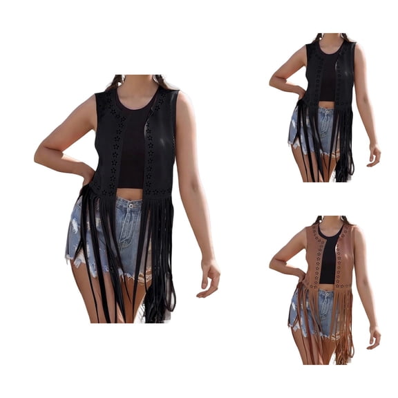 Fringe Trim Suede Vest for Women 70S Hippie Open Front Western Cowgirl Sleeveless Cardigan Vest Jacket Outerwear