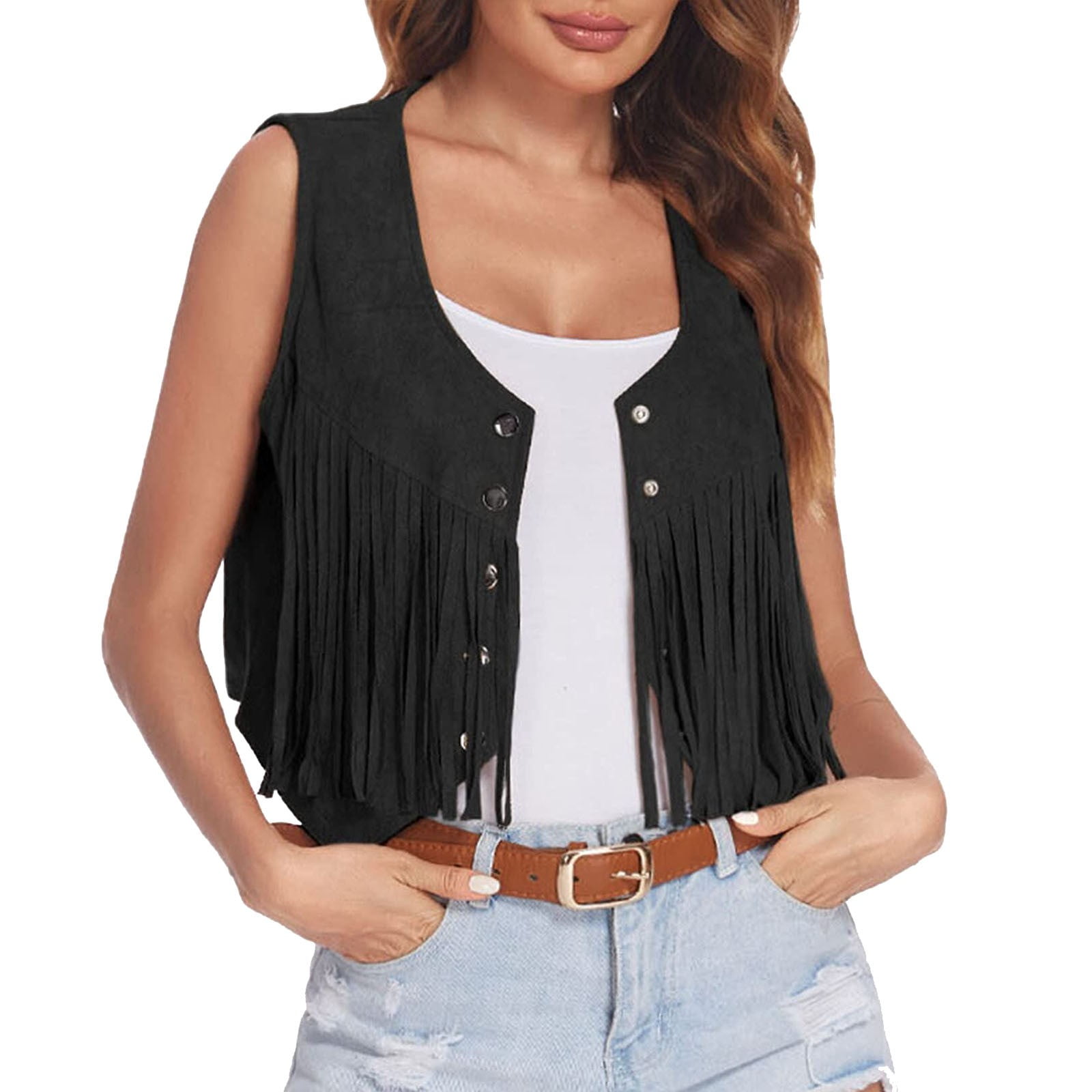 Fringe Vest Women Suede Open-Front Vintage Vest Sleeveless 70s