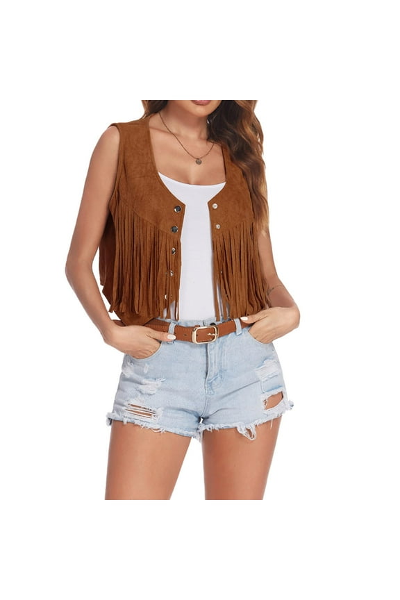 Fringe Vest Women Suede Open-Front Vintage Vest Sleeveless 70s Hippie Clothes Boho Western Jacket Light Jackets for Women Casual Women Business Suits Woman's Jacket Top Legging Tl Womens plus Size