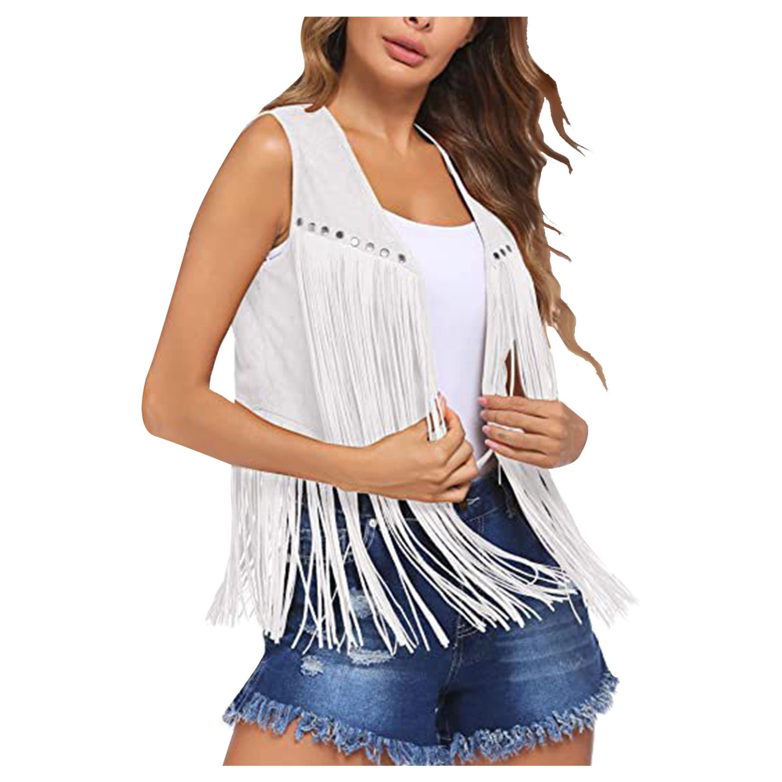 Fringe Vest Women Tassel Vest 70s Hippie Faux Suede Sleeveless Fringe Jacket Vintage Open Front