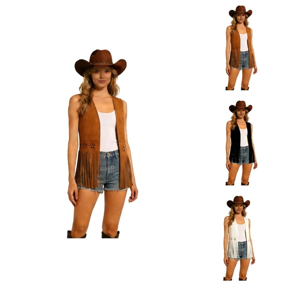 Fringe Vest Women Western Cowgirl 70s Hippie Hollow out Faux Suede Open Front Tassel Jacket Country Concert Tops