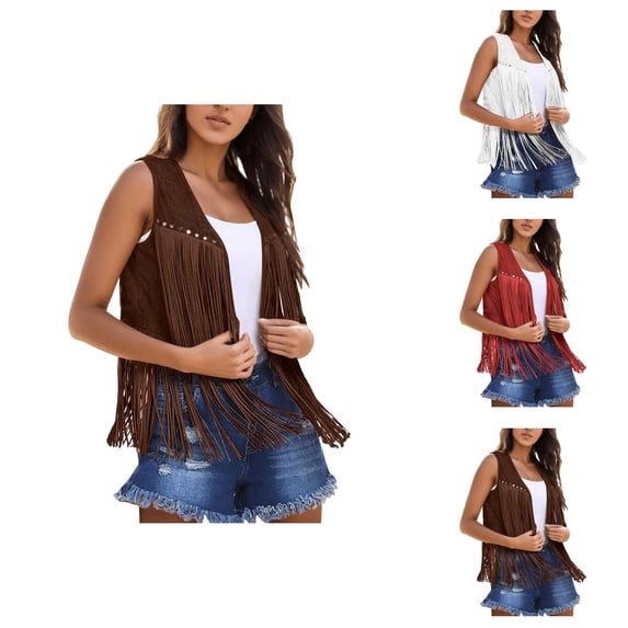 Fringe Vest Women Western Cowgirl 70s Hippie Sleeveless Open Front Casual Suede Rivets Tassel Jacket Outerwear
