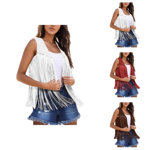 Fringe Vest Women Western Cowgirl 70s Hippie Sleeveless Open Front Casual Suede Rivets Tassel Jacket Outerwear