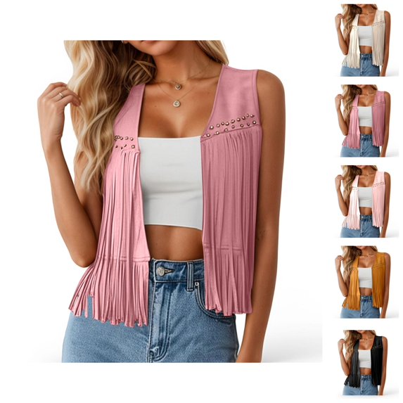 Fringe Vest Women Western Cowgirl Jacket 70s Hippie Suede Rivet Open Front Outerwear Country Concert Tops