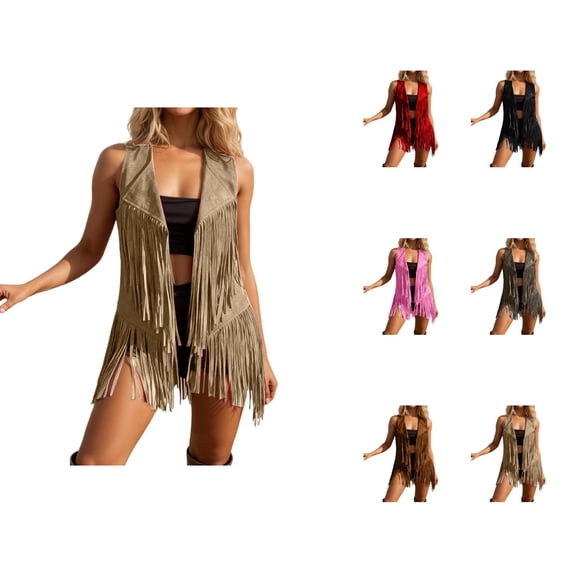 Fringe Vest Women Western Cowgirl Sleeveless Suede Open Front Cardigan Jacket 70s Hippie Tassel Outerwear