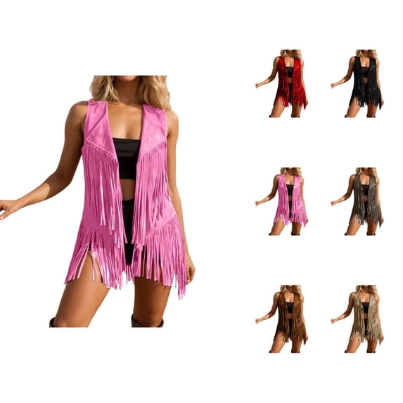 Fringe Vest Women Western Cowgirl Sleeveless Suede Open Front Cardigan Jacket 70s Hippie Tassel Outerwear