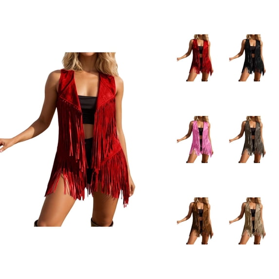 Fringe Vest Women Western Cowgirl Sleeveless Suede Open Front Cardigan Jacket 70s Hippie Tassel Outerwear