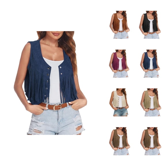Fringe Vest for Women 2025 Sleeveless Suede 70s Hippie Western Cowgirl Tassel Button Vest Jackets Outerwear