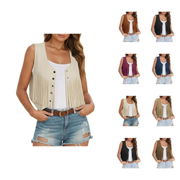 Fringe Vest for Women 2025 Sleeveless Suede 70s Hippie Western Cowgirl Tassel Button Vest Jackets Outerwear