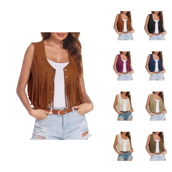 Fringe Vest for Women 2025 Sleeveless Suede 70s Hippie Western Cowgirl Tassel Button Vest Jackets Outerwear