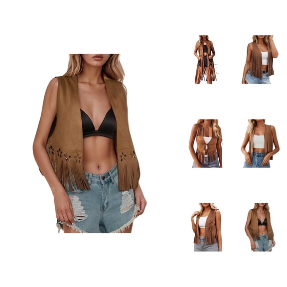 Fringe Vest for Women 60s 70s Hippie Vest Sleeveless Western Cowgirl Suede Tassel Leather Jacket Outerwear
