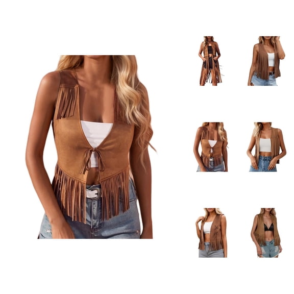 Fringe Vest for Women 60s 70s Hippie Vest Sleeveless Western Cowgirl Suede Tassel Leather Jacket Outerwear
