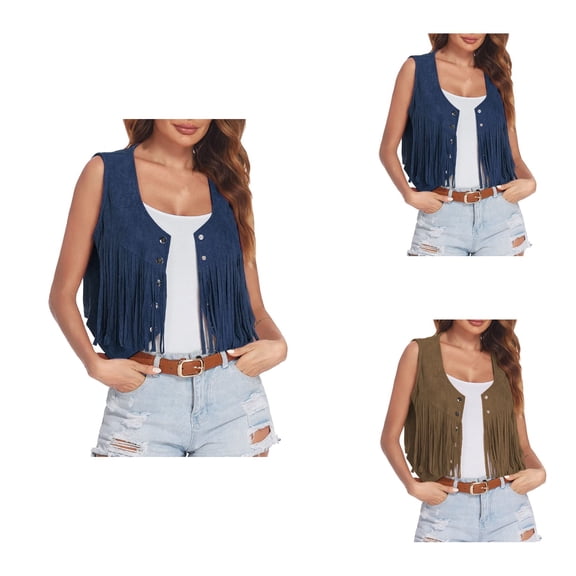 Fringe Vest for Women, Vintage 70s Sleeveless Open-Front Vest in Suede with Rivets & Tassels, Boho Western Cowgirl Waistcoat Jacket