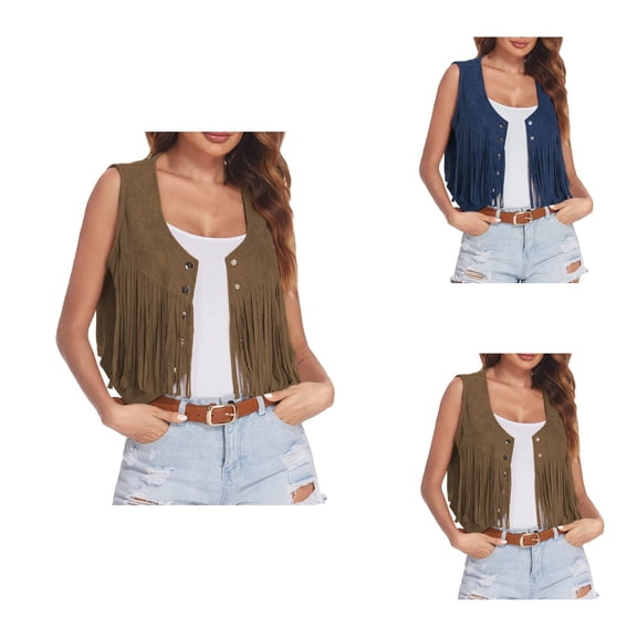 Fringe Vest for Women, Vintage 70s Sleeveless Open-Front Vest in Suede with Rivets & Tassels, Boho Western Cowgirl Waistcoat Jacket