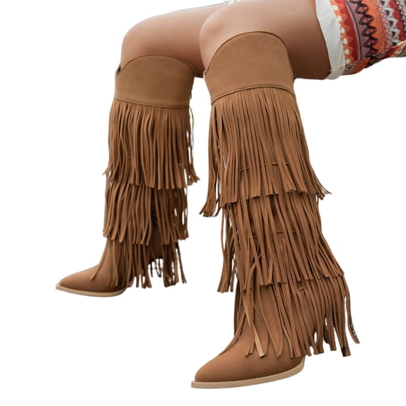 Fringe Western Boots for Women, Suede Knee High Cowboy Boots, Boho Tassel Tall Boots, Pointed Toe Riding Boots, Womens Fringe Western Boots Fashion Hidden Heel Knee-High Boots, Brown US-6.5/EU-37