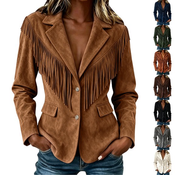 Fringe Western Jacket Women Faux Suede Vintage Cowgirl Style Tassel Button up Long Sleeve Lapel Womens 2026 New Black, Size L by Awwp