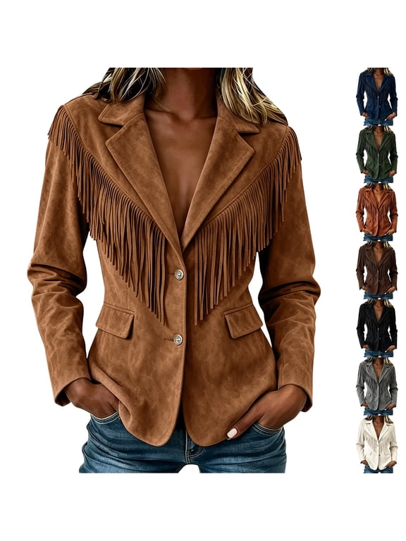 Fringe Western Jacket Women Faux Suede Vintage Cowgirl Style Tassel Button up Long Sleeve Lapel Womens 2026 New Black, Size L by Awwp