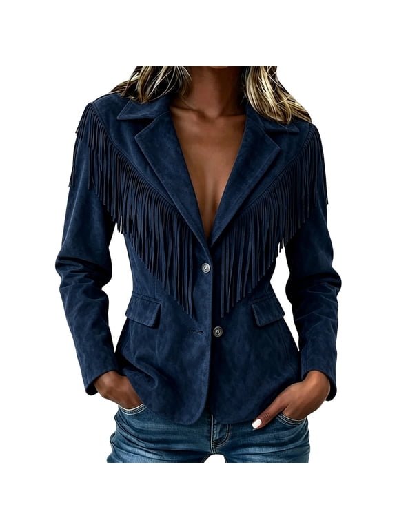Fringe Western Jacket Women Faux Suede Vintage Cowgirl Style Tassel Button up Long Sleeve Lapel Womens 2026 New Navy, Size Xl by Awwp