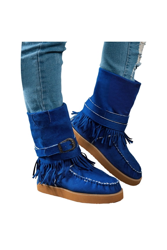 Fringe Winter Boots for Women Warm Casual Suede Platform Flat Booties Adjustable Retro Buckle Strap Pull on Mid Calf Snow Boots