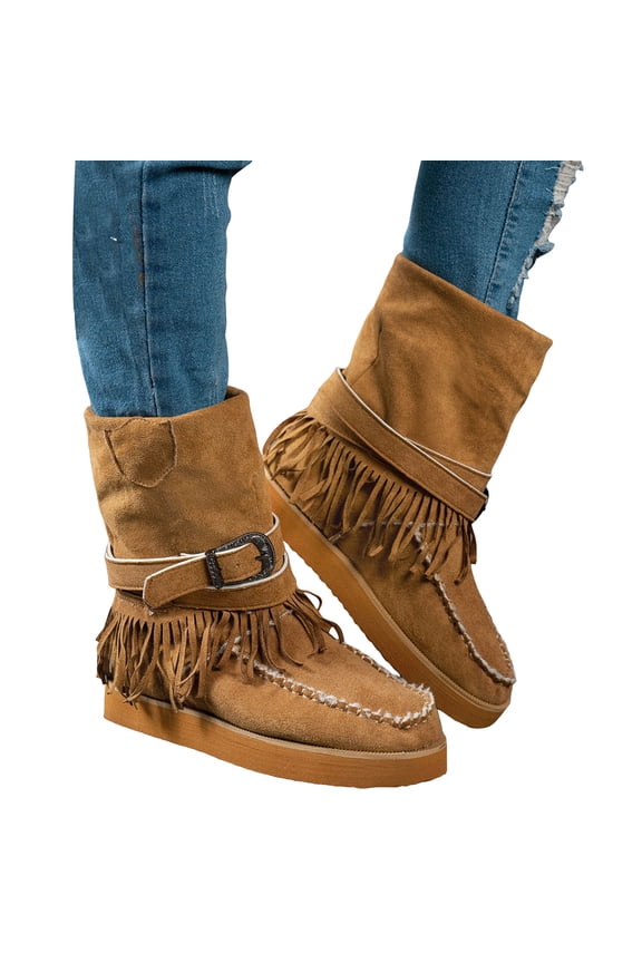 Fringe Winter Boots for Women Warm Casual Suede Platform Flat Booties Adjustable Retro Buckle Strap Pull on Mid Calf Snow Boots