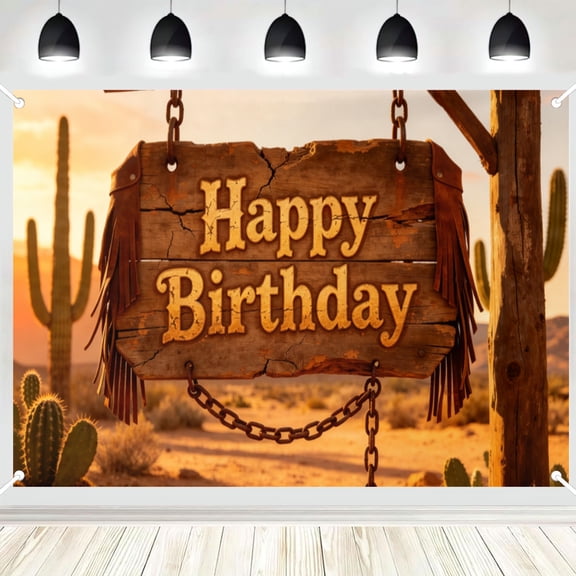 Fringe Worn Wooden Sign Desert Cactus Western Happy Birthday Backdrop, Rustic Country Style Birthday Party Photo Background Banner 3x5ft