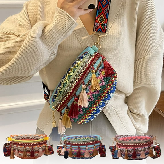 Fringe Woven Shoulder Bag | Women's Ethnic Print Crossbody Chest Bag | Lightweight Fabric Waist Pack | Adjustable Strap | 8.4"x6.2"x5.9" | Outdoor Travel Daily Use
