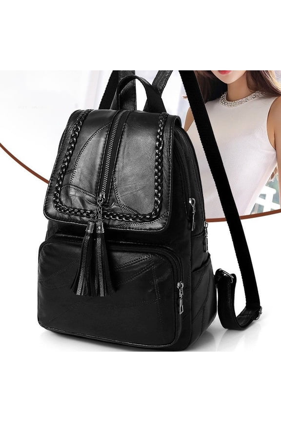 Fringed Backpack Women's PU Backpack Leisure Fan Student Backpack,Black