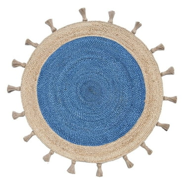 Fringed Blue Round Jute Rug