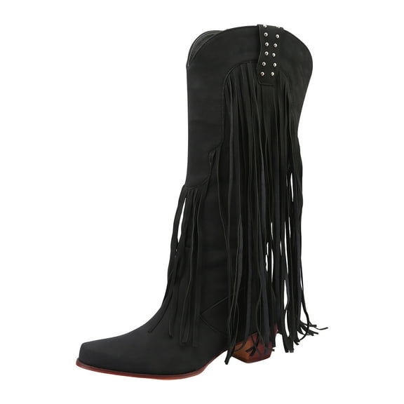 Fringed Cowgirl Boots for Women 2025 Trendy Long Tassel Suede Pointed Toe Stacked Mid Heel Wide Mid Calf Horse Riding Cowboy Boots