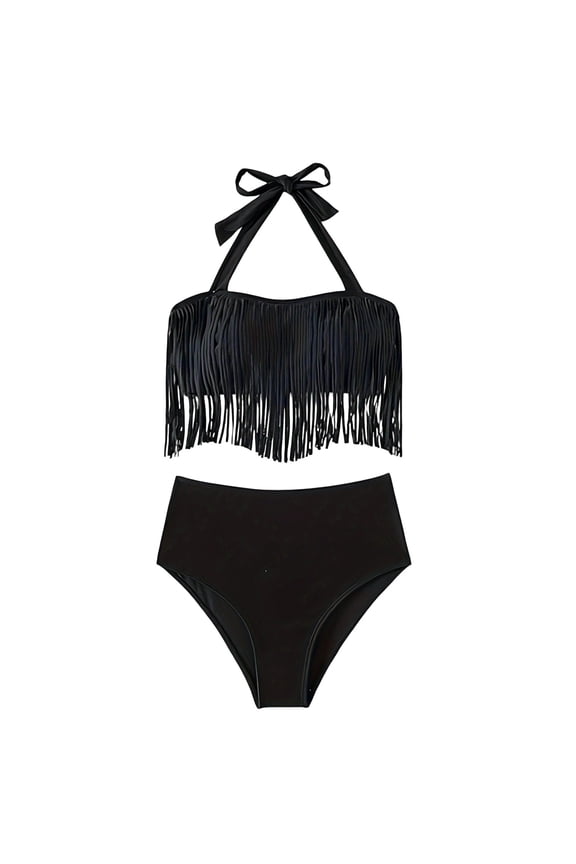 Fringed Halter Swimsuits Women Fashion Summer Beach Swimwear 2 Piece Tassels High Waisted Bathing Suit (L, Black)