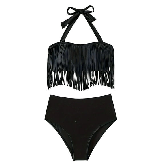 Fringed Halter Swimsuits Women Fashion Summer Beach Swimwear 2 Piece Tassels High Waisted Bathing Suit (XL, Black)