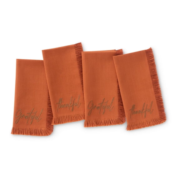 Elrene Home Fashions Fringed Harvest Sentiment Napkins, Set of 4, Rust, 17" x 17"