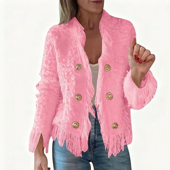 Fringed Jackets Womens Button Up Cardigan Outerwear Tassels Cropped Coat Long Sleeve Fall Winter Trendy Clothes (XL, Khaki)