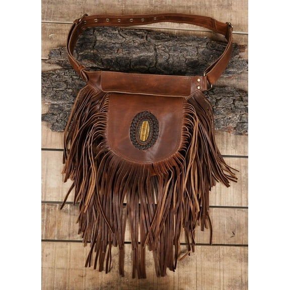 Fringed Leather Waist Belt with Concho.