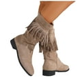 thumbnail image 1 of Fringed Mid Calf Boots for Women Boho Suede Chunky Low Heel Long Tassel Winter Fall Tall Boots, 1 of 7