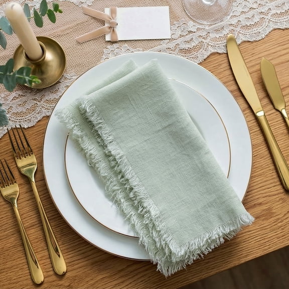 Fringed Linen Napkins Set of 4 | 20x20 Raw Edge Cloth Napkins for Wedding Decor, Rustic Tablescape & Coastal Dining | Stonewashed Softness (Sage)