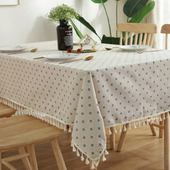 Fringed Waterproof Tablecloth - Cotton Linen-Like Printed Table Cover for Dining/Coffee Tables, Square Decorative Tablecloth